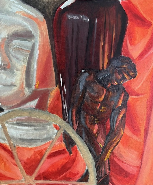 Crimson Hour: Still Life with Figurine